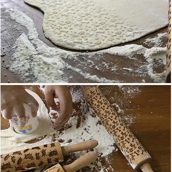 

Beech Snowflake Laser Embossing Rolling Pin Printed Cookie Dough Stick Fondant Tool Baking Noodle Cake Dough Engraved Roller Set