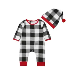 Pudcoco новый для маленьких мальчиков девушка Рождество проверьте комбинезон пледы печати хлопок комбинезон + шляпа осень наряды с длинным