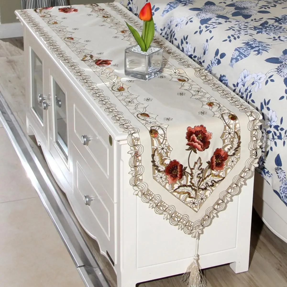 Embroidery Table Runner Handmade Embroidered Flower Floral Cutwork