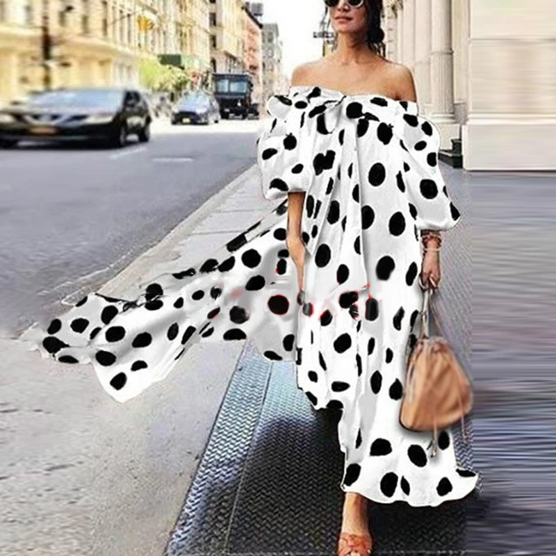 

Women Off Shoulder dress Bohemian Polka Dot Summer Beach holiday tropical streetwear Casual Vacation ruched sexy maxi Long Dress