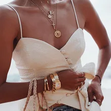 2019 Summer Single Breasted Women Tank Tops Elegant V-neck Strapless Party Tee Top Sexy Backless Office Lady Top v neckline single breasted striped babydoll top