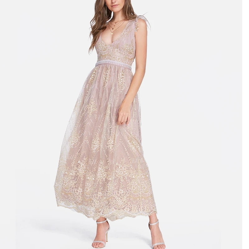 

Summer Bandage Backless Dresses Women Vintage Deep V Neck Sleeveless Sequins Embellished Elegant Party Evening Long Maxi Dress