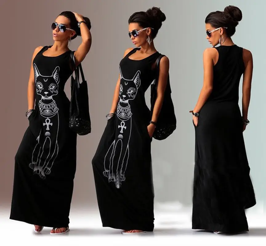 

2019 New Fashion Hot Seller Women Summer Cat Print Casual Loose Tank Top Dress Long Maxi Dress Holiday Daily Beach Sundress