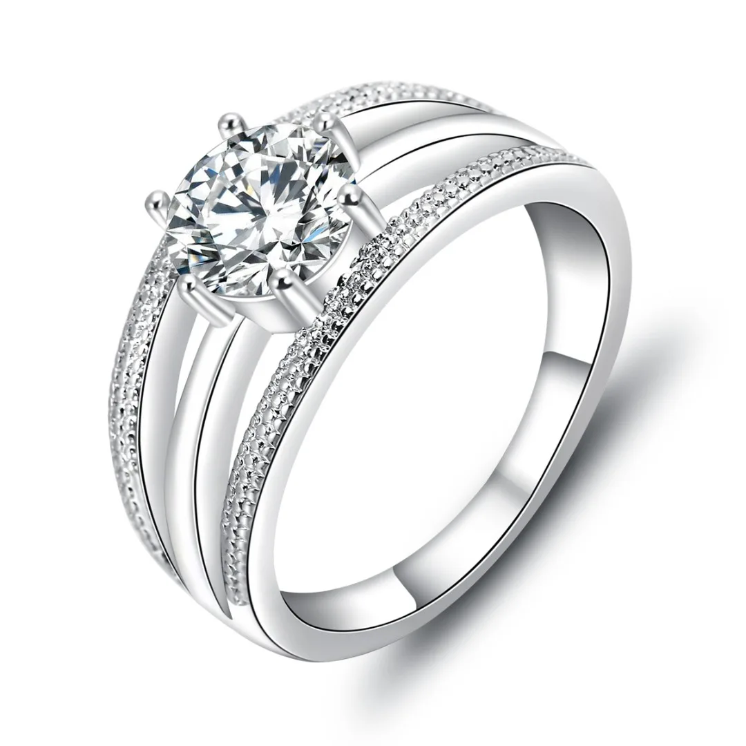 Classic Silver Color Crystal Bridal Wedding Ring Statement Copper Ring For Couple Lover Girlfriend Gift Shellhard Female Jewelry