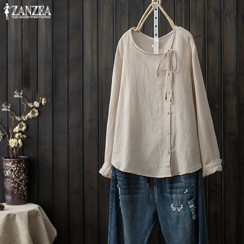 

Vintage Linen Blouse Women's Tunic Tops 2019 ZANZEA Long Sleeve Shirts Female Button Casual Blusas Kaftan Plus Size Chemise Tee