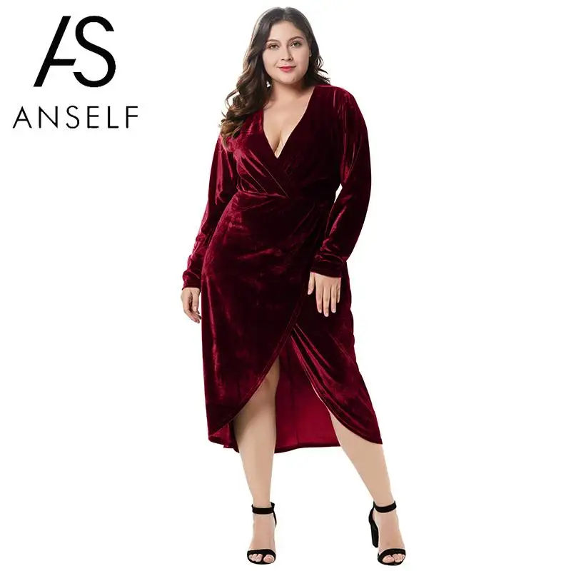 

2019 Fashion Summer Dress Women 4XL Plus Size Velvet Dress V Neck Long Sleeve Split Solid Slim Midi Dress Oversized robe female