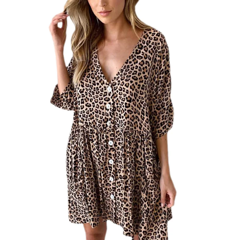 

New Women Leopard Print Dress Deep V-Neck Shirts Dress Summer Half-Sleeve Button Elegant Party Dress Casual Loose Blouse