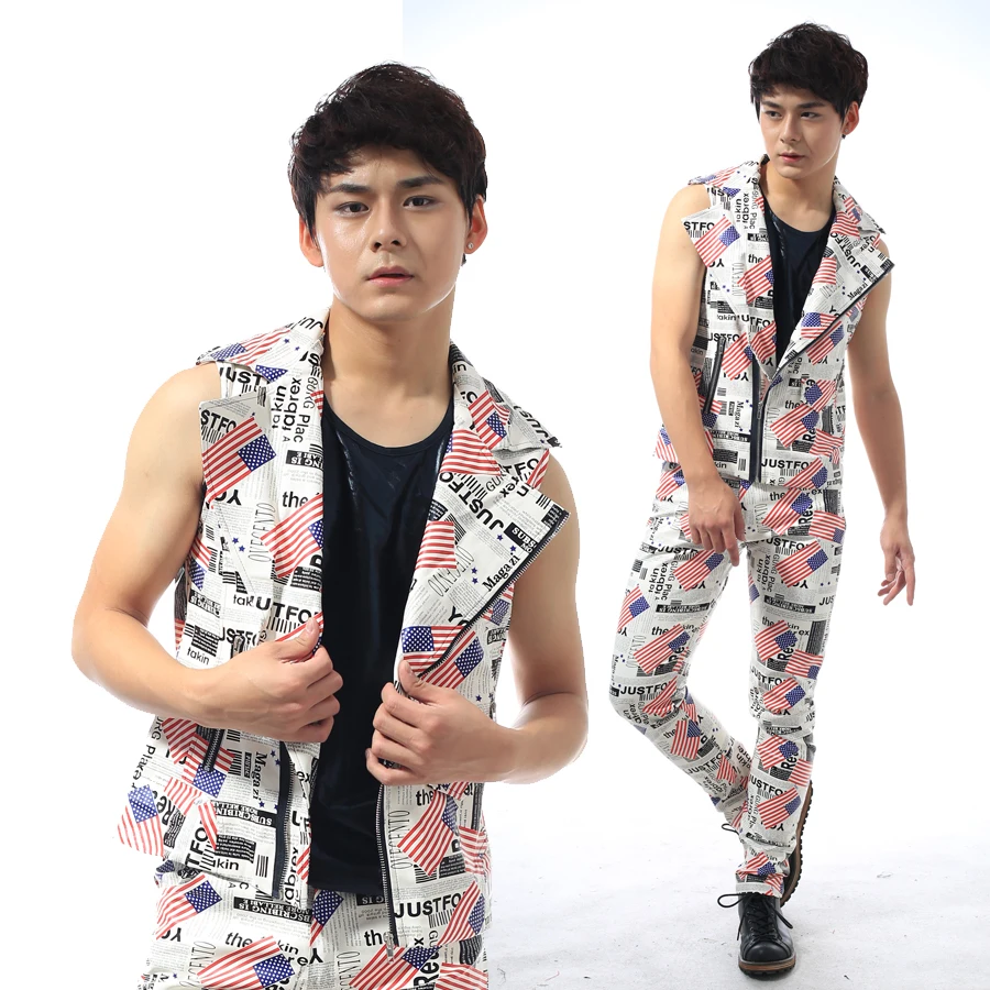 S-XXXL ! 2015 New fashion slim Punk men's clothing leather vest set ds costume male bar singer Stage costumes