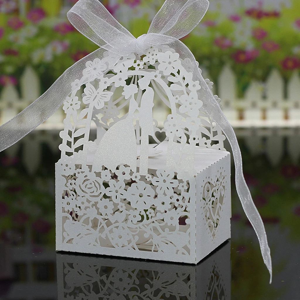 

New White 50pcs Pearl Paper Hollow Love Heart Gift Candy Boxes Ribbon Wedding Birthday Party Decor Party Supplies