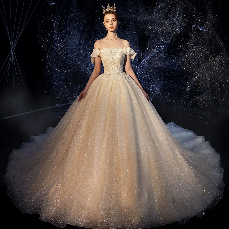 

Vivian's Bridal 2019 Luxury Shinny Crystal Wedding Dress Sexy Off Shoulder Bow Short Sleeve Sequin Beading Appliques Bridal Gown