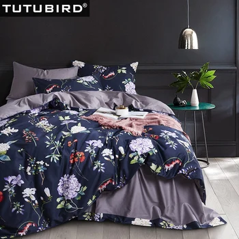 

Blue Floral print European Satin bedclothes 100% Egyptian cotton bedding set home textile pastoral bed sheet linen duvet cover