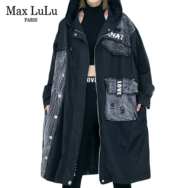 

Max LuLu 2019 Luxury Korean Fashion Clothes Ladies Punk Windbreaker Womens Denim Trench Hooded Streetwear Female Black Long Coat