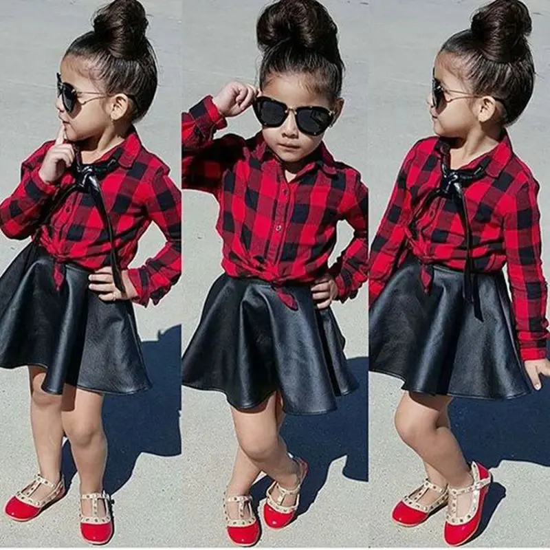 

Pudcoco Girl Clothes US Toddler Kids Girl Stylish Tops Shirt Leather Skirt Dress Outfit Set