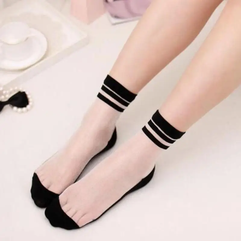 

2019 New Net Yarn College Wind Socks Soft Comfortable Thin Transparent Women Crystal Glass Silk Socks Striped Two Bars Socks