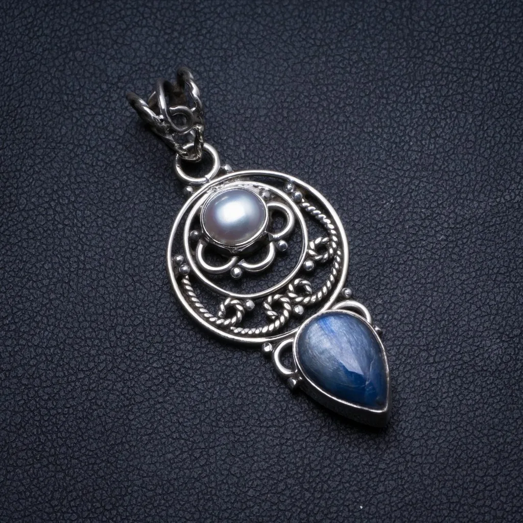 

Natural Kyanite and River Pearl Handmade Unique 925 Sterling Silver Pendant 1.5" X0352