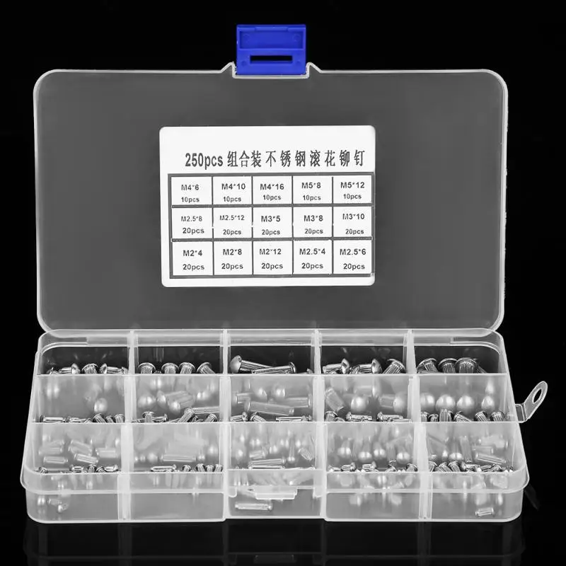 

250Pcs/Set M2-M5 Rivet Stainless Round Head Steel Assortment Kit wood screw and nut Knurled Shank Solid Rivets Cheap Price