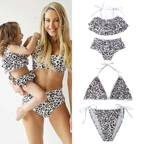 

New Mother Daughter Matching Bikini Set Leopard Print Ruffle Swimwear Summer Bandage Swimsuit Family Bathing Suits