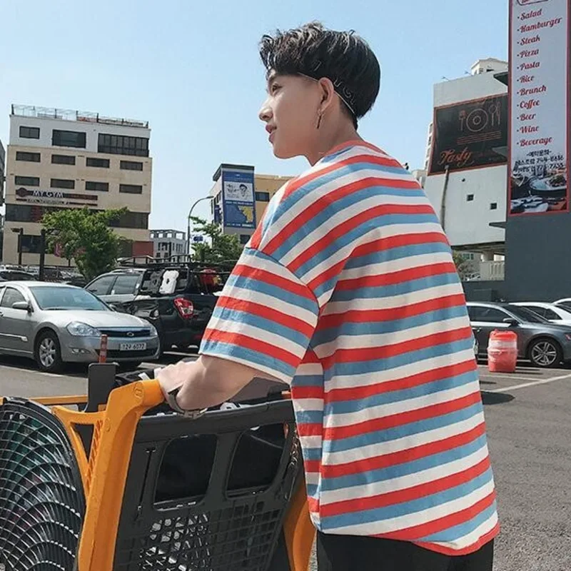 2019 Summer Men's Fashion Trend Stripe Printing Male Black/red/yellow/blue Color Men Cotton Clothing T-shirts Plus Size tshirt