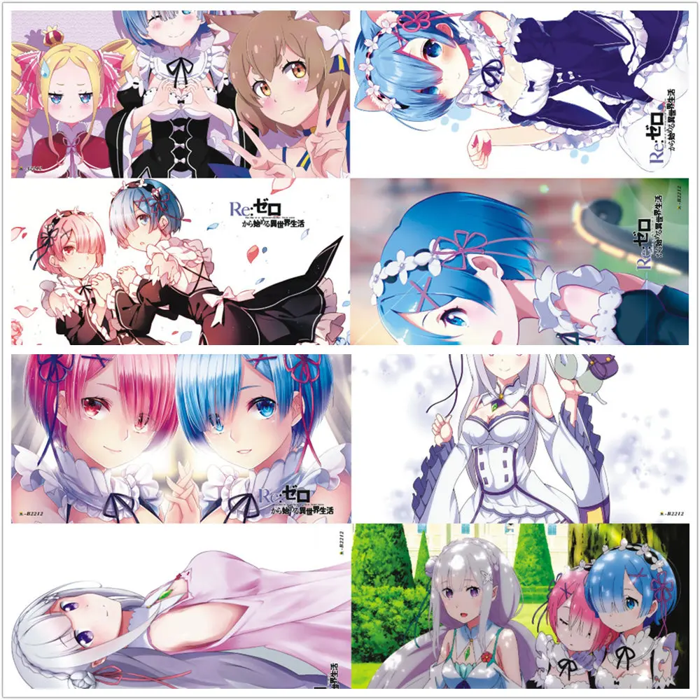 

8 pcs/set Anime Re Life in a different world from zero Embossed poster Figure Natsuki Subaru Emilia Rem Ram sticker for gifts