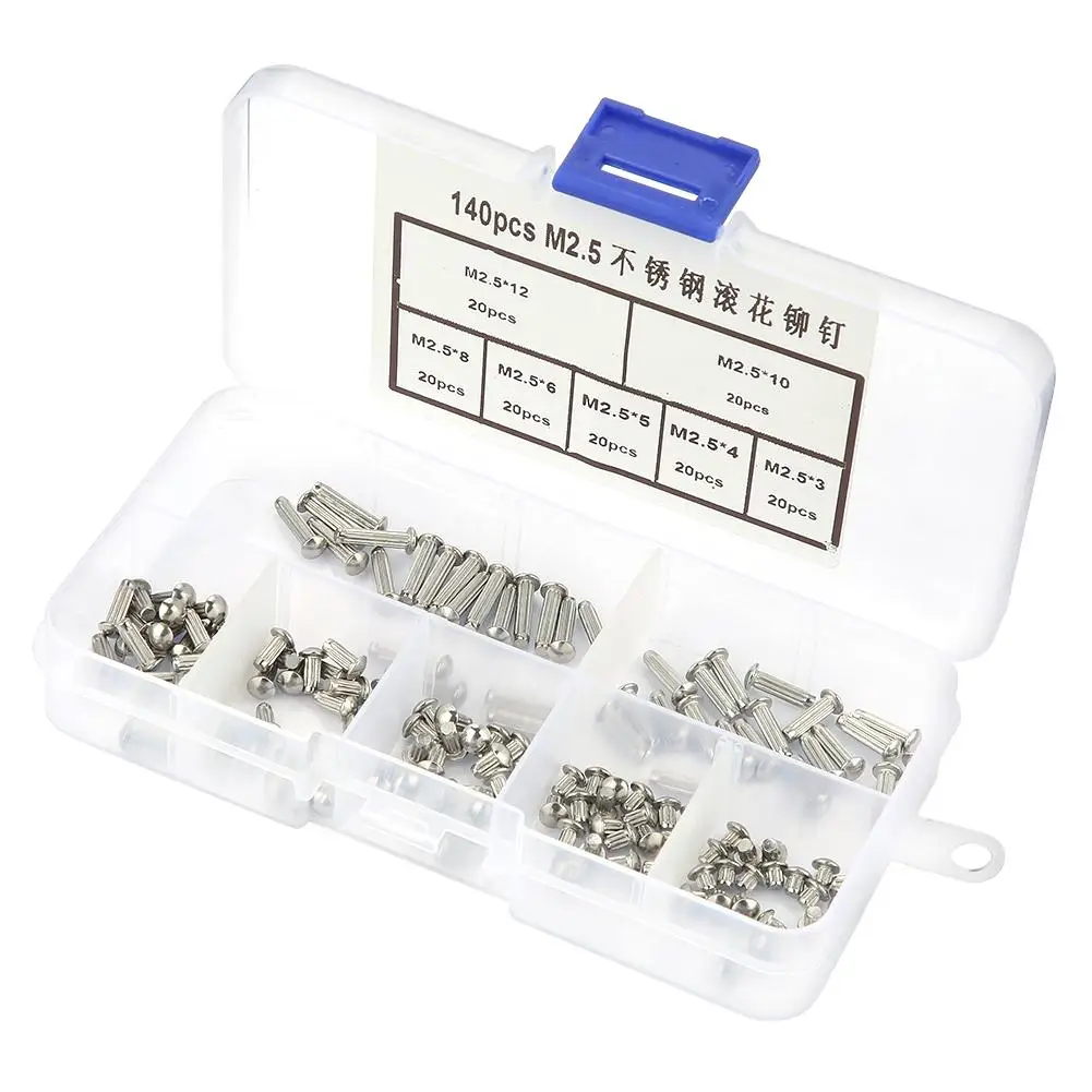 140pcs M2.5 Stainless Steel Rivets Round Head Knurled Shank Solid