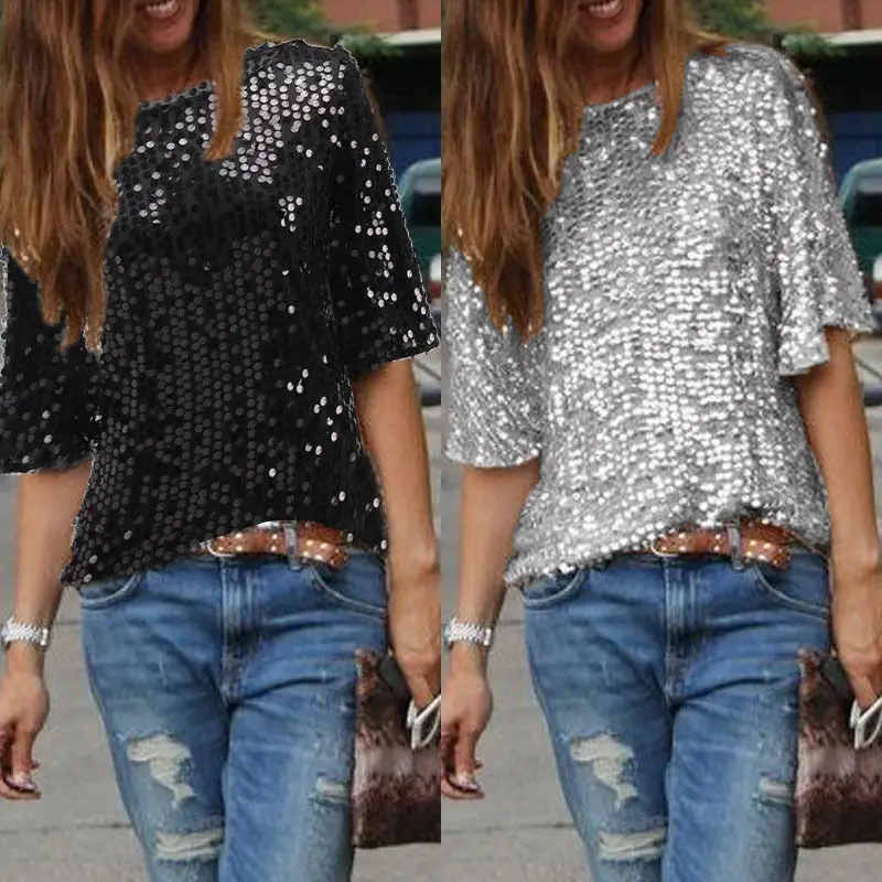 

Blouse 2019 Fashion Women Summer Loose Top Half Sleeve Sparkle Glitter Blouse Ladies Casual Loose Sequined Pullover Tops
