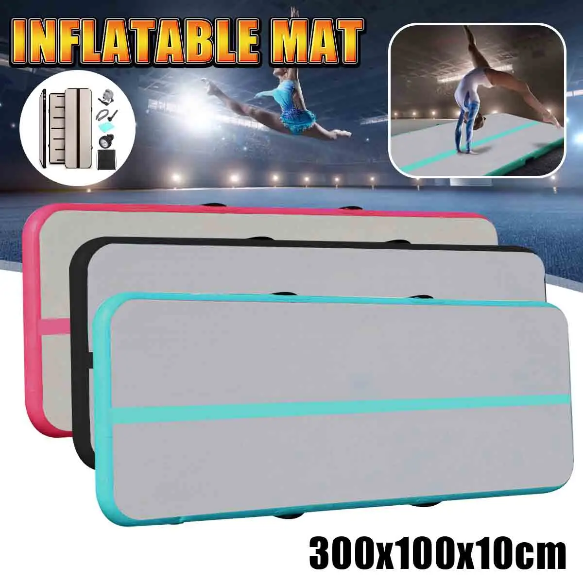

300x100x10cm Inflatable Gymnastics Mat with Air Pump Airtrack Gymnastics Air Tumbling Floor Trampoline for Yoga Taekwondo