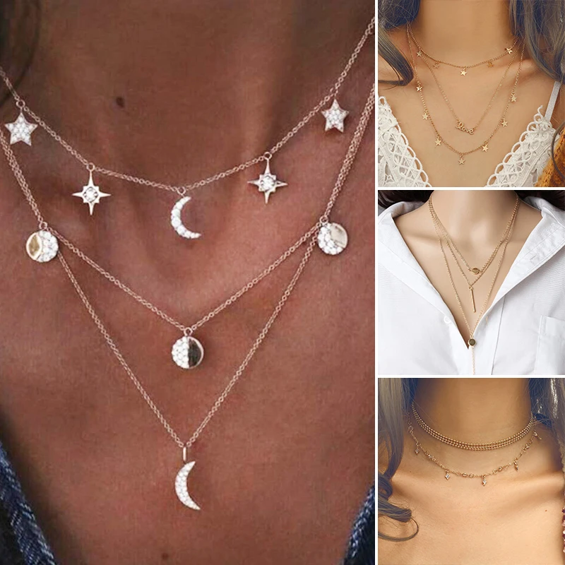 

Silver Star Adjustable 1PC Crystal Moon Letter Pendant Necklaces Graceful Golden Collier Multilayer Star Round High Quality
