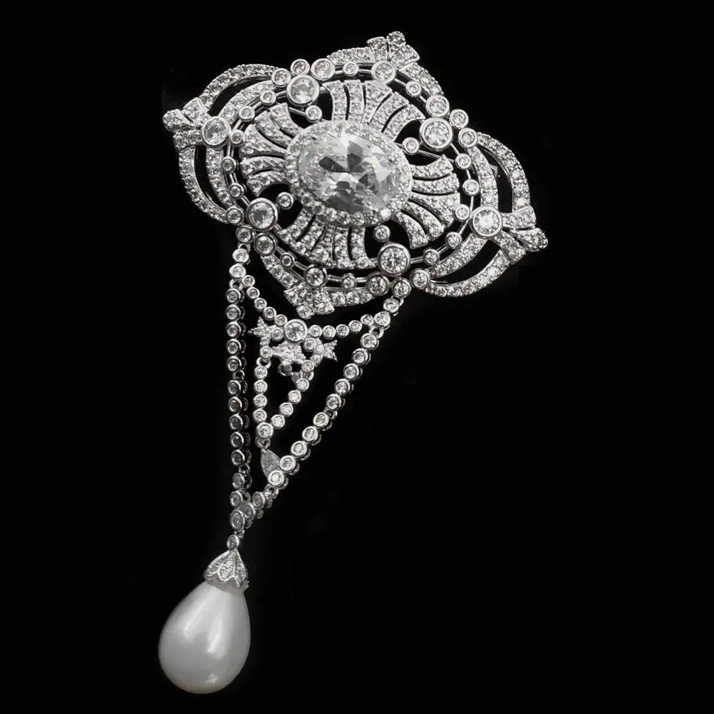 Preise Girandole Vintage Stil Triple Schleife Art Deco Oval Tropfen Brosche Silber Ton Mikro Pflastern Klar CZ Oval Baumeln Pins Edwardian schmuck