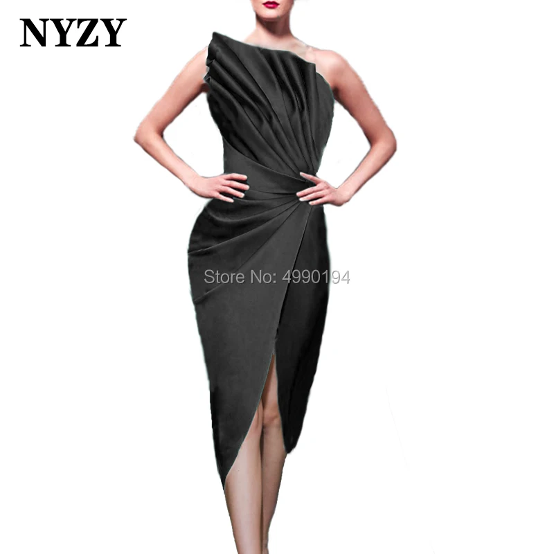 NYZY C102 Robe Cocktail Dress Emerald Green Satin High Slit One Shoulder Evening Dress Short vestido coctel