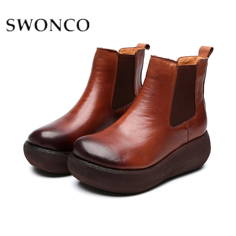 

SWONCO Shoes Women Retro Flats Refined Natural Leather Ladies 6-8 cm Platform 2019 New Wedges Elastic Slip-On Woman Casual Shoes
