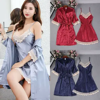 

2pcs Women Sexy Satin Lace V Neck Sleepwear Babydoll Lingerie Nightdress Robe & Gown Sets