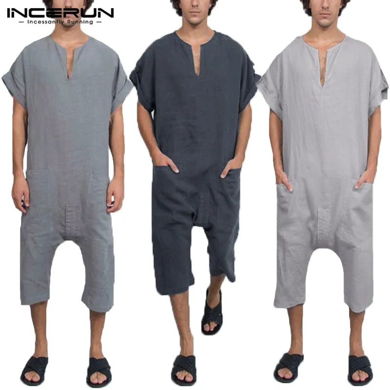 

INCERUN Casual Men Pants Rompers Cotton Vintage Jumpsuit Leisure Loose Pockets Trousers Men Overalls Muslim Islamic Clothes 2019