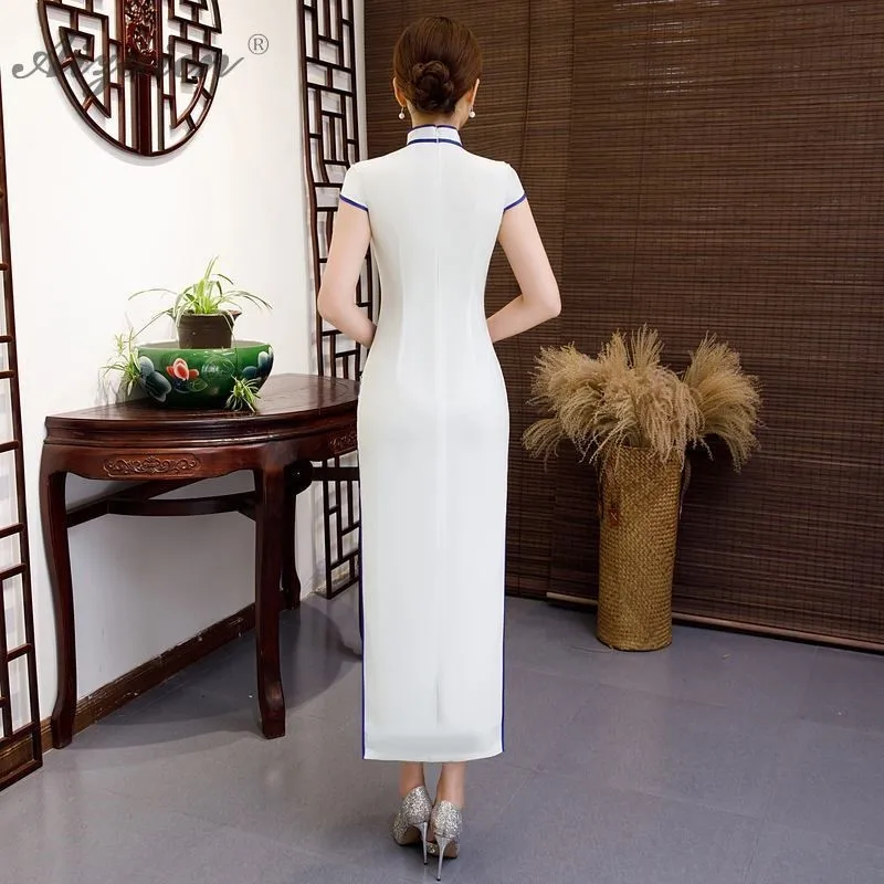 Китайское традиционное платье Qipao современные схожие шелковые Cheongsam Длинные платья Chinoise белые сексуальные Qi Pao вечерние платья для женщин