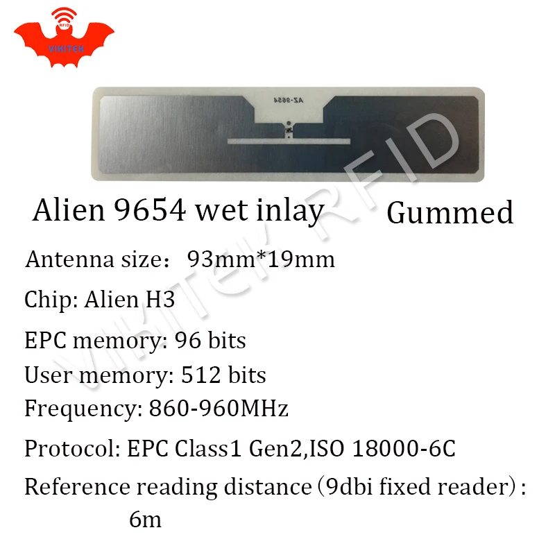 Alien authoried 100 шт. в рулоне 9654 Клей UHF RFID влажная инкрустация 860-960 МГц Higgs3 EPC C1G2 ISO18000-6C используется для RFID меток