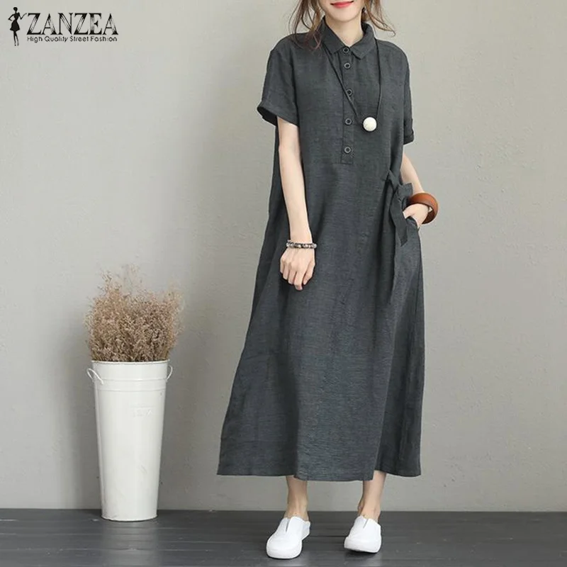 

ZANZEA 2019 Summer Shirt Dress Women Lapel Neck Short Sleeve Long Vestido Femme Vintage Solid Kaftan Sundress Casual Robe Dress