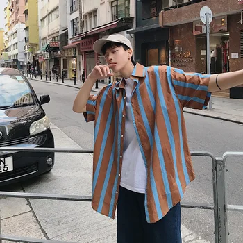 

Summer New Dress Shirt Men Fashion Striped Casual Shirt Man Streetwear Trend Wild Hip Hop Loose Short-sleeved Shirt Male Clothes