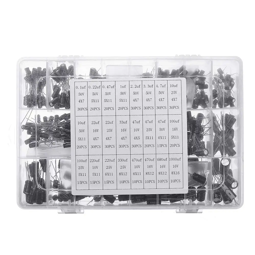 

24 values 550pcs 16V/25V/35/50V (0.1uF to 2200uF) mix Electrolytic Capacitor Assorted Kit With Storage Box