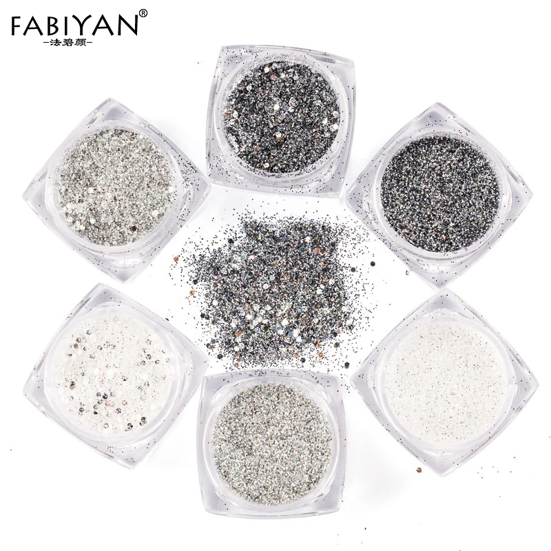

6 Boxes/set Manicure Nail Art Glitters Powder Dust Shiny Sequins Decorations DIY Flakes Paillette White Silver Tool