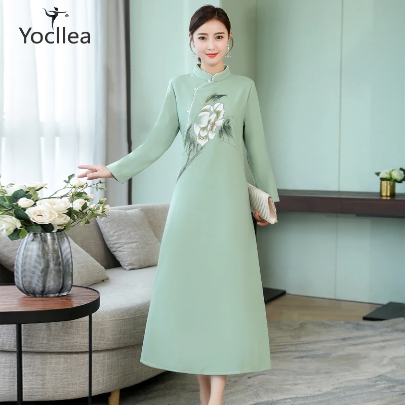 

Elegant Women dress female Autumn winter warm velvet A line dress print Long sleeve cotton linen dresses Valentine's Day gift