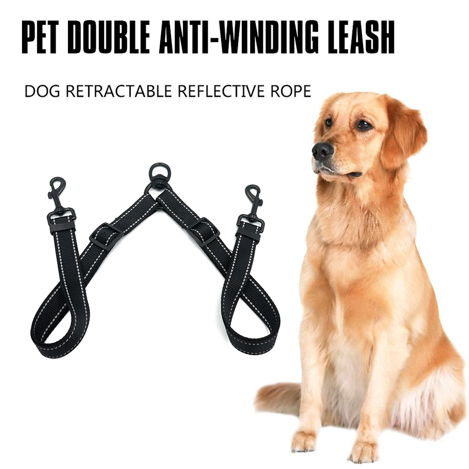 Black Double Leash Coupler for Large Dogs Adjustable Heavy Duty