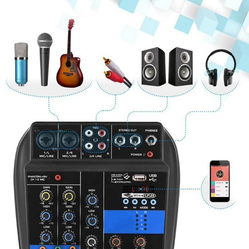  Consola mezcladora de sonido portátil Bluetooth A4 Registro de 48V Efectos de alimentación Phantom 
