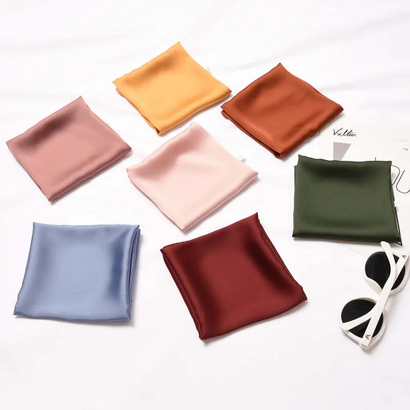 

Solid Pure Color Ins Chic Silk Bandana Neckerchief Women Ladies Soft Satin Silk Scarf Wraps Top Quality Rolled Edges 53x53cm