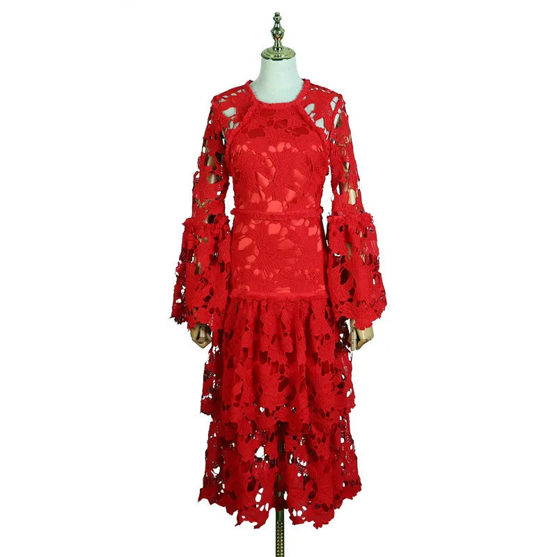 

DEAT 2019 New Spring Summer Red Lace Long Sleeve Crew Neck Joint Lantern Cake Dress For Women Like Stoning Jq127 Fashion Tide