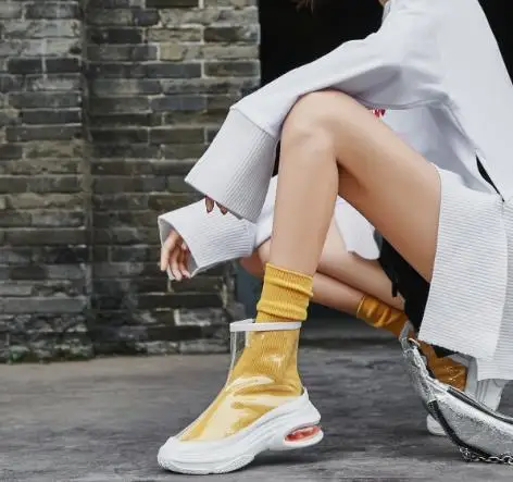 

2019 Ladies Fashion Flat Platform Shoe Woman With Transparent Material Ankle Boots Thick Soled Platform Casual Women New Spring