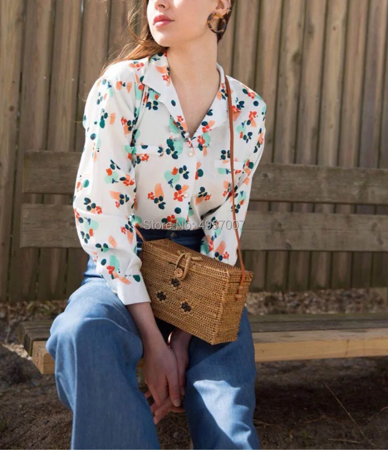 

Viscose 100% Notched Neckline Long Sleeve Print Shirt Top - 2019ss Spring Summer Women Printing Blouse Shirt