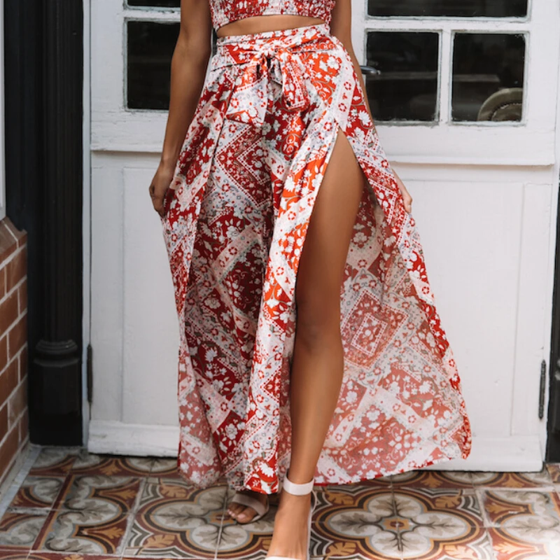 Пляжные Print Palazzo Pants Для женщин высокое Разделение свободные широкие брюки с высокой талией Boho Брюки для Для женщин