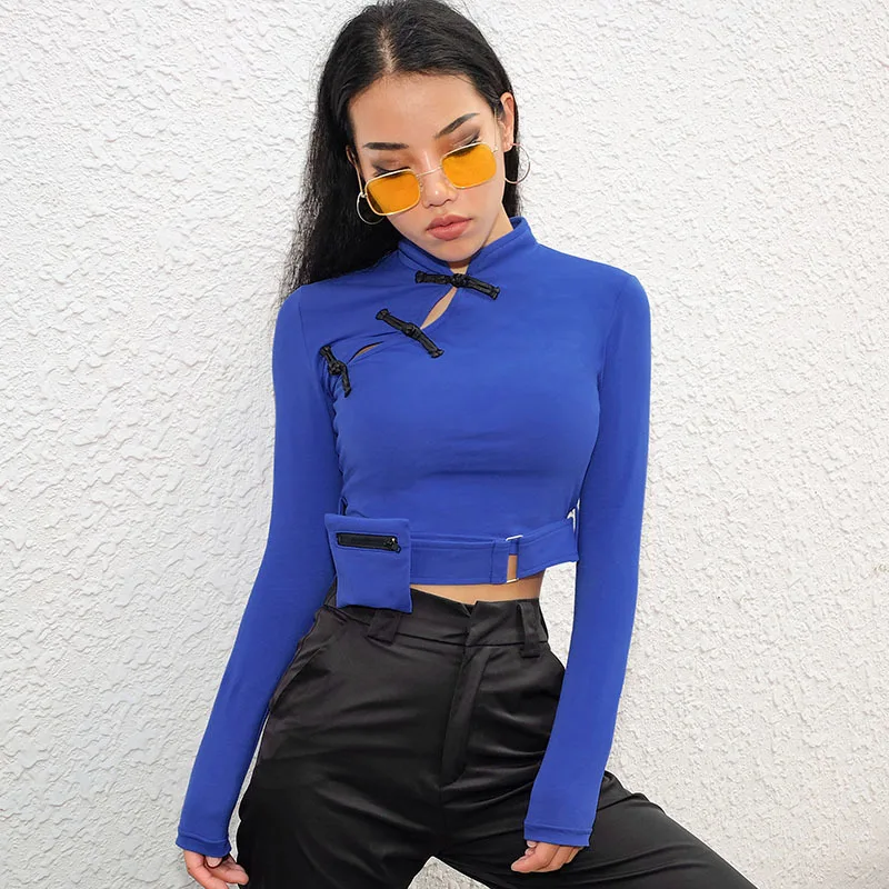 

Weekeep Chinese Style Cropped t-shirt Women Elegant Hollow Out Long Sleeve t shirt Blue Patchwork tshirt