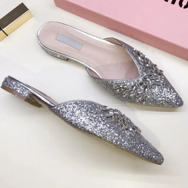 

New Summer 2019 Ladies Fashion Comfortable Wearing Rhinestone Baotou Non-slip Pointed Sequins Casual Wild Low-heeled Slippers