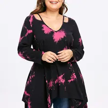 Wipalo, женская футболка, плюс размер, с вырезом, галстук, краситель, платок, туника, футболка, повседневная, с v-образным вырезом, с длинным рукавом, асимметричная, футболка, 5XL, большой размер, топы