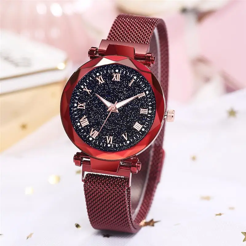 

2019 Roman Number Watch New Arrival Starry Sky Clock Magnetic Buckle Mesh Band Quartz Watch Lady Luxury Watches Black